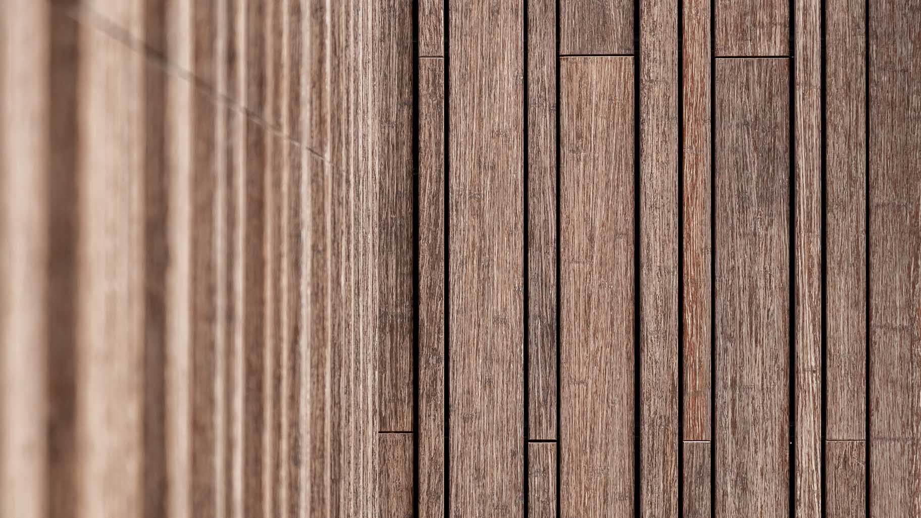 Bamboo garage door and pivot door flush with the facade