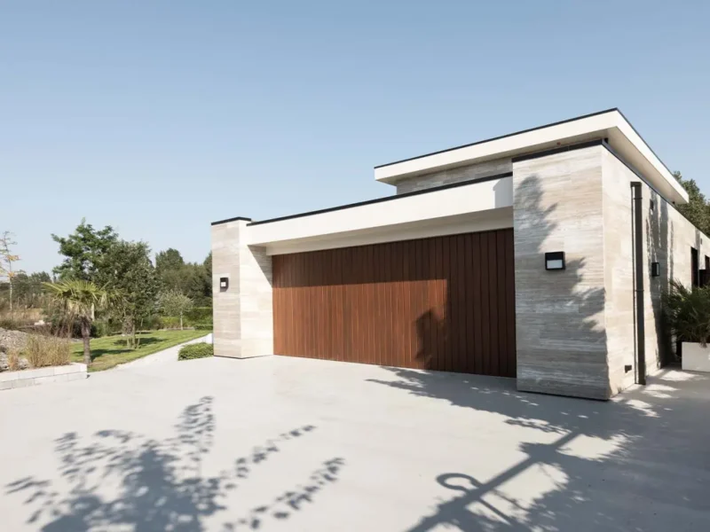Double side-opening garage door with vertical wooden slats