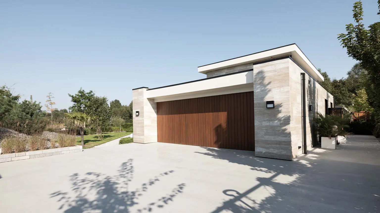 Double side-opening garage door with vertical wooden slats